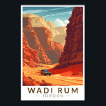 Poster Wadi Rum Jordan Viagem Art Vintage<br><div class="desc">Wadi Rum retro vetor viagem design. Também conhecido como Vale da Lua,  Wadi Rum é uma paisagem desértica esticada no horizonte,  o terreno vermelho,  arenoso pontuado por fantásticas formações rochosas.</div>