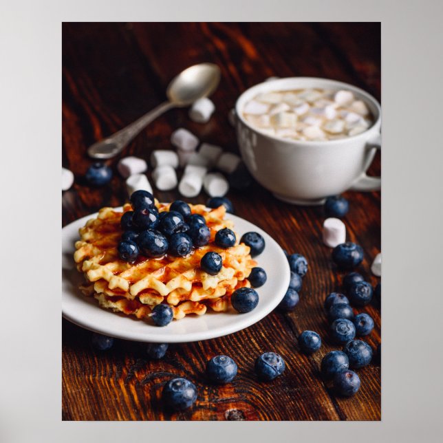 Poster Waffles belgas com mirtilo e chocolate quente (Frente)