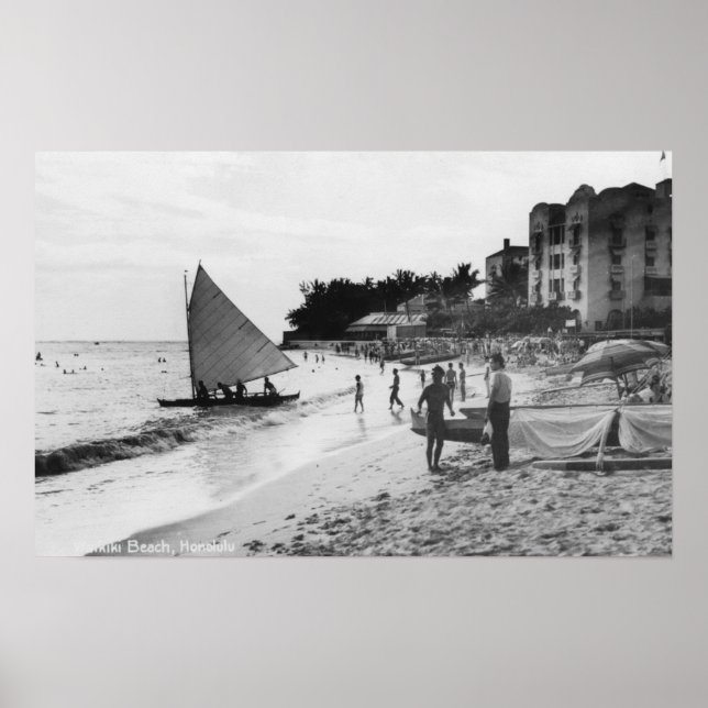 Poster Waikiki Beach e Boats Honolulu (Frente)