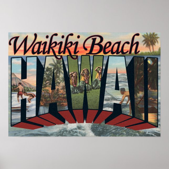 Póster Waikiki Beach, Havaí - Large Letter Scenes (Frente)