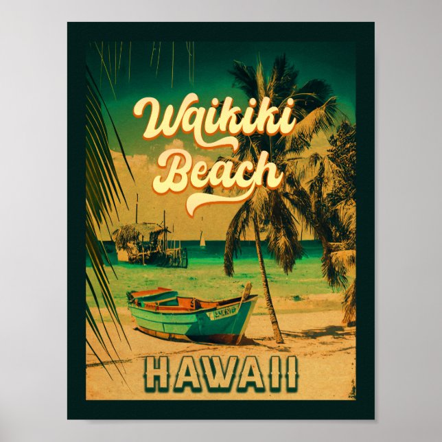 Poster Waikiki Beach Hawaii Vintage Palm Trees Souvenir (Frente)