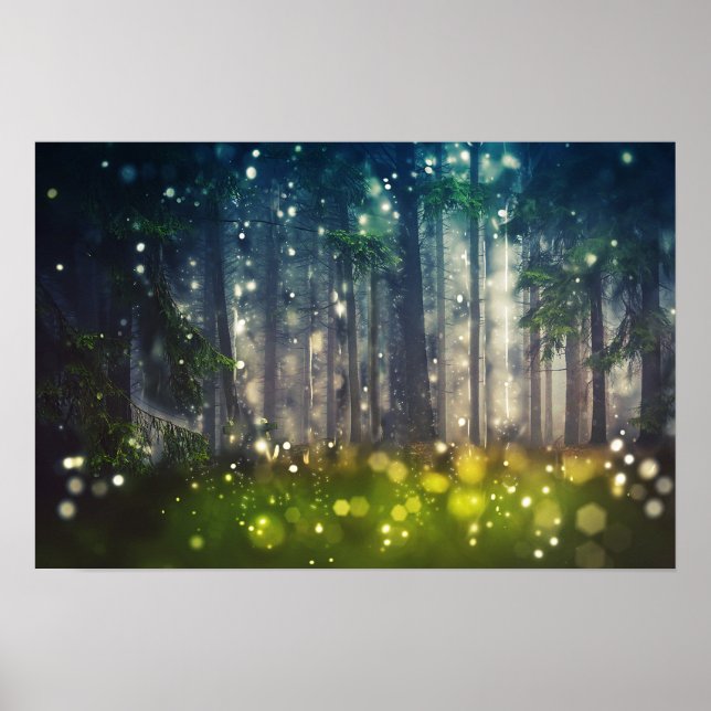 Póster Wald, Bäume auf Waldlichtung, Dämmerung (Frente)