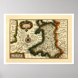 Póster Wales - mapa do século XVII histórico de Wales