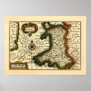 Poster Wales - mapa do século XVII histórico de Wales