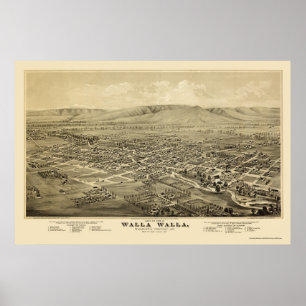 Póster Walla Walla, mapa panorâmico de WA - 1876