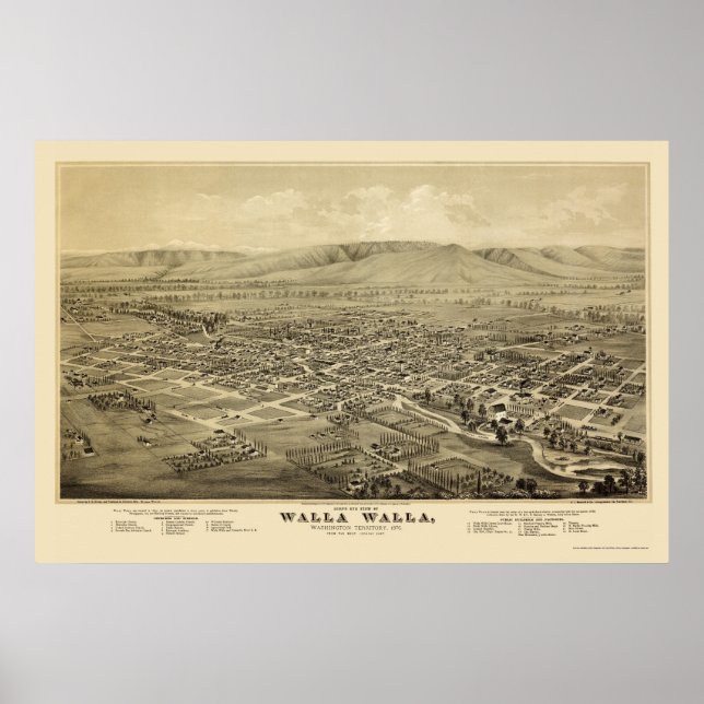 Póster Walla Walla, Mapa Panorâmico do WA - 1876 (Frente)