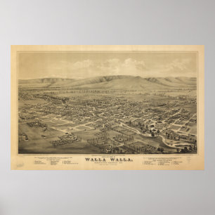 Póster Walla Walla Washington 1876 Mapa Panorâmico Antiqu