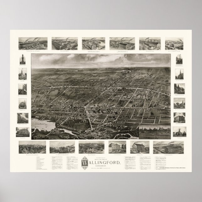 Poster Wallingford, CT Mapa Panorâmico - 1905 (Frente)