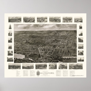 Poster Wallingford, mapa panorâmico do CT - 1905