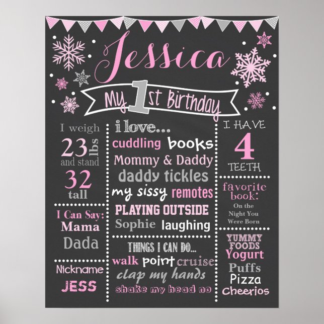 Póster Wallthday Birthday Chalkboard de inverno - Garota (Frente)