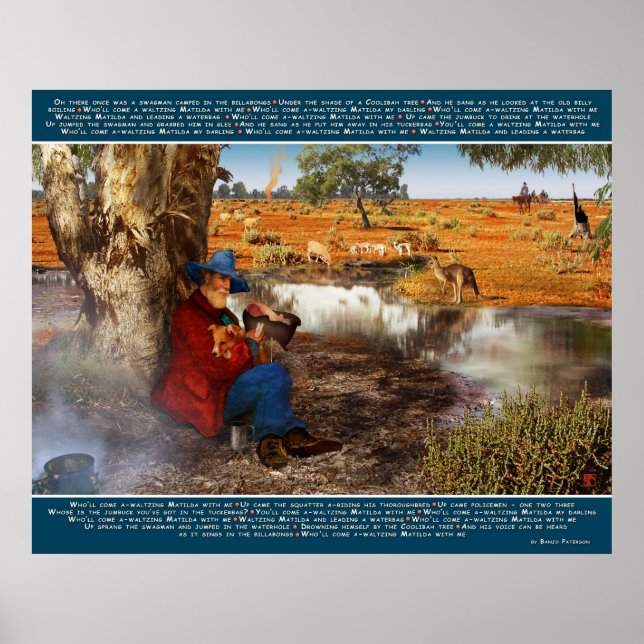 Póster Waltzing Matilda com Banjo Paterson Lyrics e Ruas (Frente)