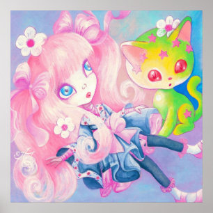 Póster Wamono Garota Japonesa Com Gatinho Kawaii ~