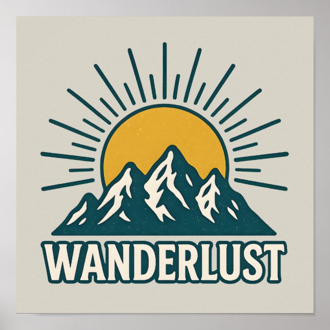 Poster Wanderlust Retro Teal Mountain Sunrise Hiking Art (Frente)
