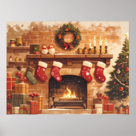 Poster Warm Christmas Fireplace Scene