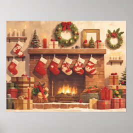 Poster Warm Christmas Fireplace Scene