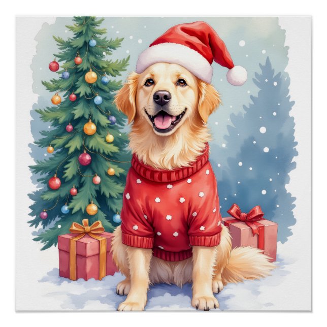 Póster Warm Watercolor Golden Retriever Christmas Tree (Frente)