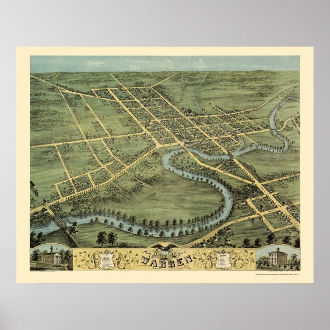Póster Warren, Mapa Panorâmico OH - 1870 (Frente)