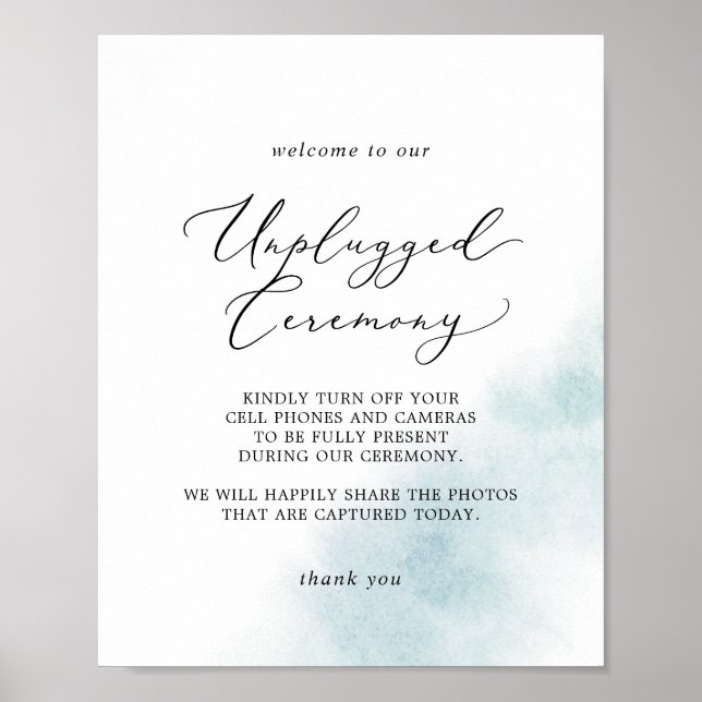 Poster Wash de Aquarela | Blue Unplugged Ceremony Sign (Frente)