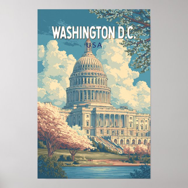 Poster Washington DC Capitólio Viagem Arte Vintage (Frente)