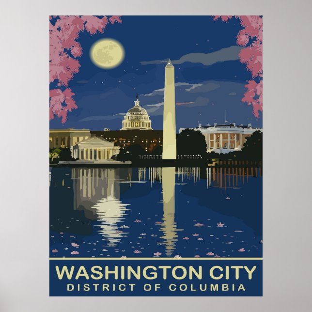 Poster Washington DC, Reflexos de Água à Noite, Viagem (Frente)