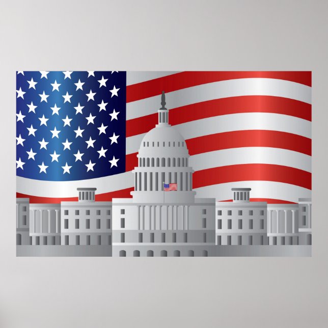 Póster Washington DC US Capitólio Building com bandeira d (Frente)