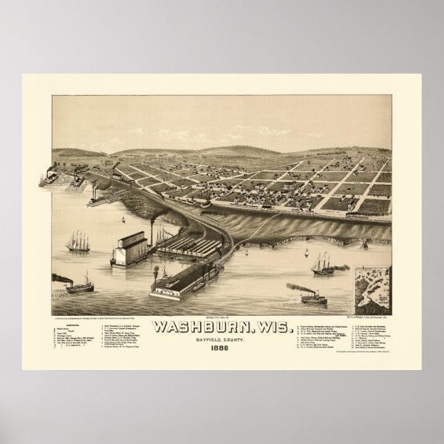 Poster Washington, Mapa Panorâmico da WI - 1886 (Frente)