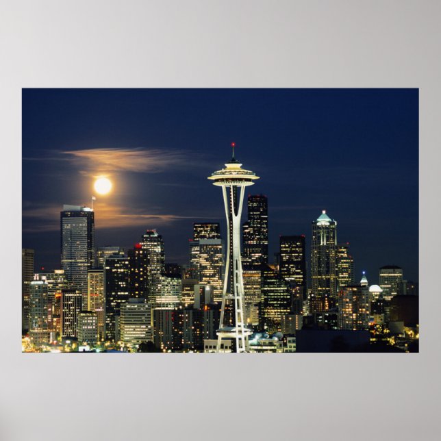 Póster Washington, Seattle, Silhueta noturna da cidade a  (Frente)