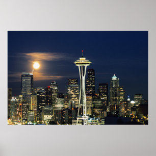 Poster Washington, Seattle, Skyline à noite de Kerry 1