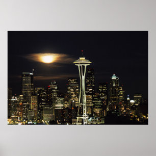 Poster Washington, Seattle, Skyline à noite de Kerry 2