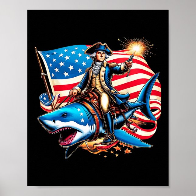 Poster Washington Shark Funny 4 de julho Fl Americano (Frente)