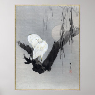 Poster Watanabe Seitei Egrets em uma árvore à noite
