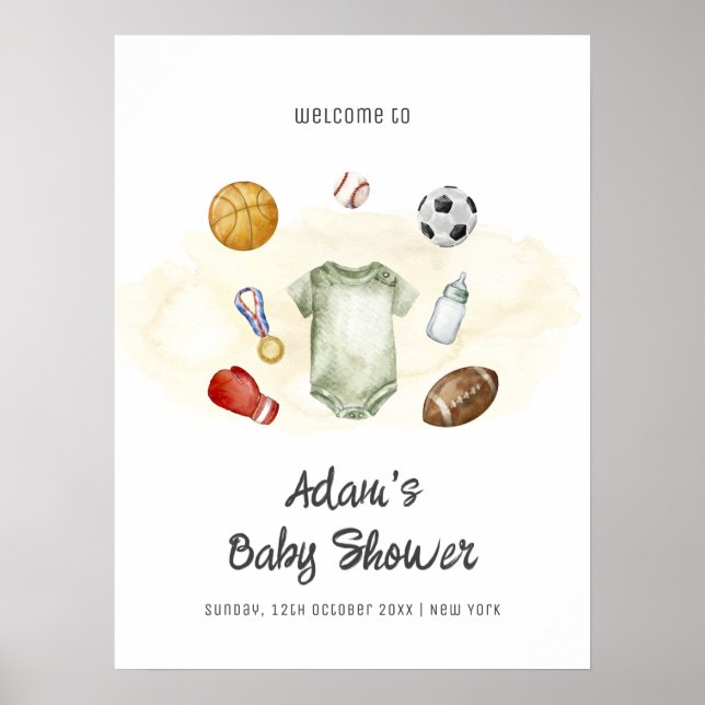 Poster Watercolor All Star Sports Baby Shower Welcome  (Frente)