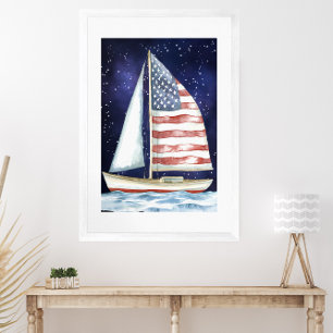 Poster Watercolor American Flag Navegando sob as Estrelas