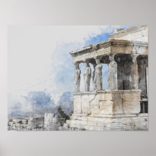 Poster Watercolor Ancient Sites ruins in Athens, Greece 