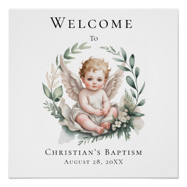 Póster Watercolor Angel Wings Baptism Welcome Sign (Frente)
