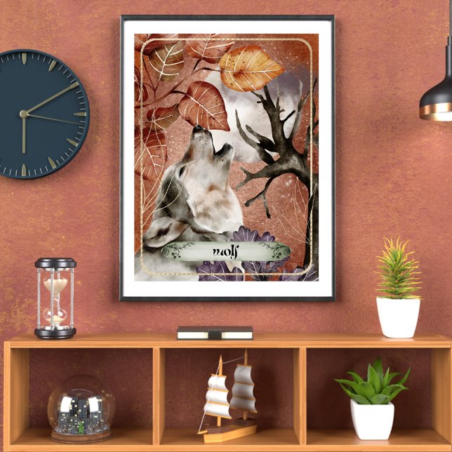 Poster Watercolor Art Wolf Howling em plena Lua Natureza (Criador carregado)