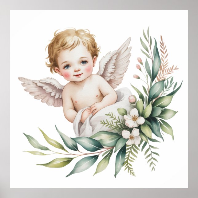Poster Watercolor Baby Angel Feather Wings Baptism  (Frente)