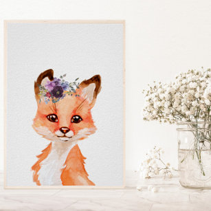 Poster Watercolor Baby Fox Cub Nursersery Child Decor Flo