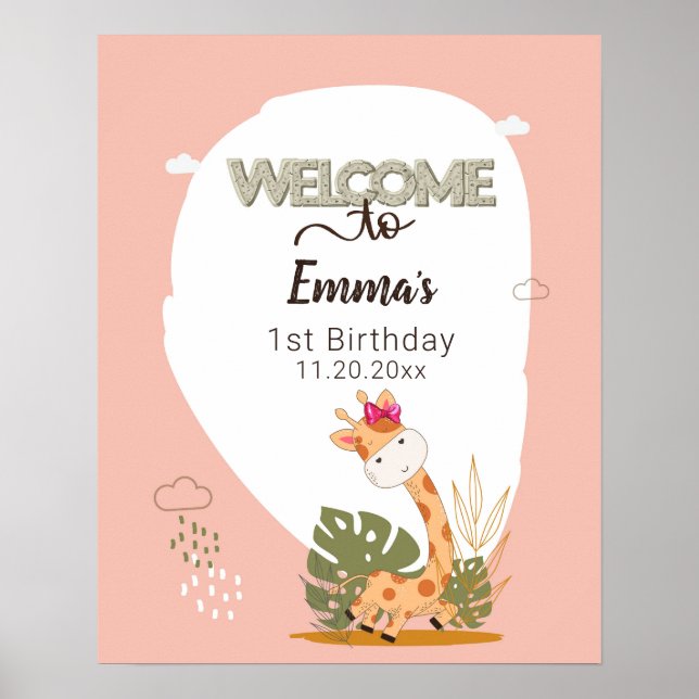 Poster Watercolor Baby Giraffe, Safari Animal Birday (Frente)