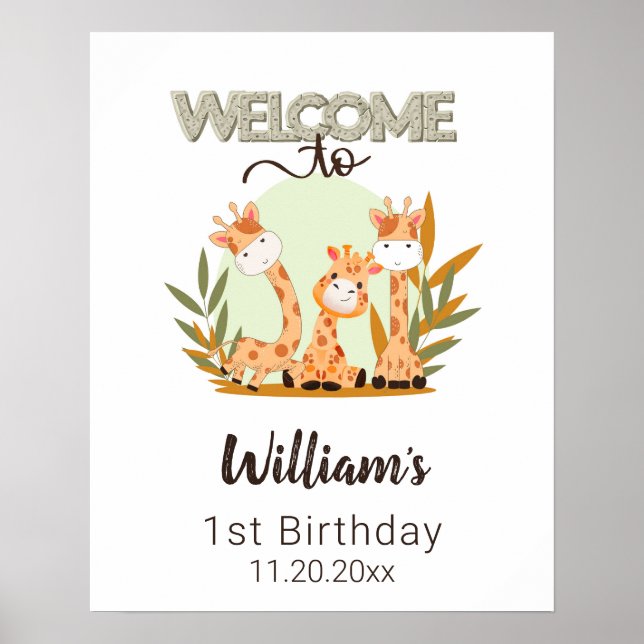 Poster Watercolor Baby Giraffe, Safari Animal Birday (Frente)