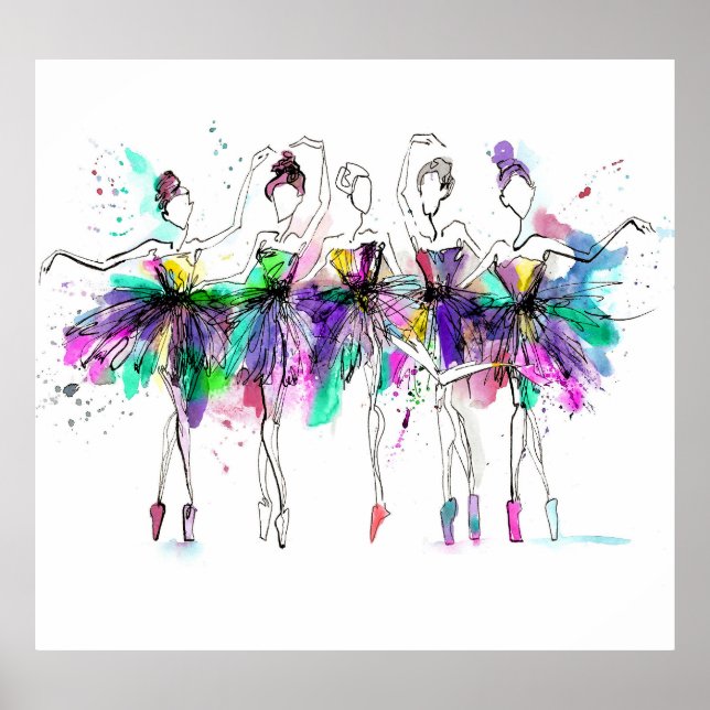 Poster Watercolor Ballerinas: Ilustração da Dança Brilhan (Frente)