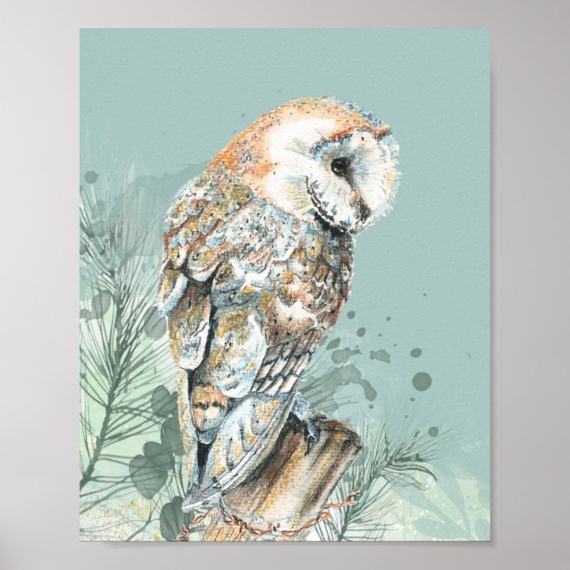 Poster Watercolor Barn Owl Bird Willife Nature Art (Frente)