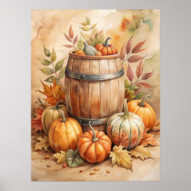 Poster Watercolor Barrel with Pumpkins Fall (Frente)
