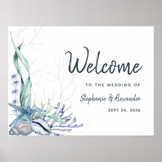Poster Watercolor Beach Ocean Horizontal Wedding Welcome (Frente)
