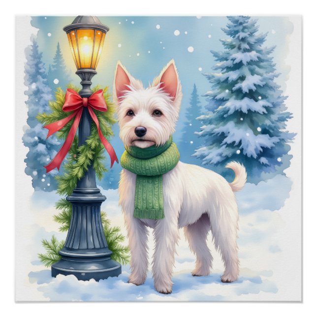 Póster Watercolor Bedlington Terrier Lamppost Christmas (Frente)