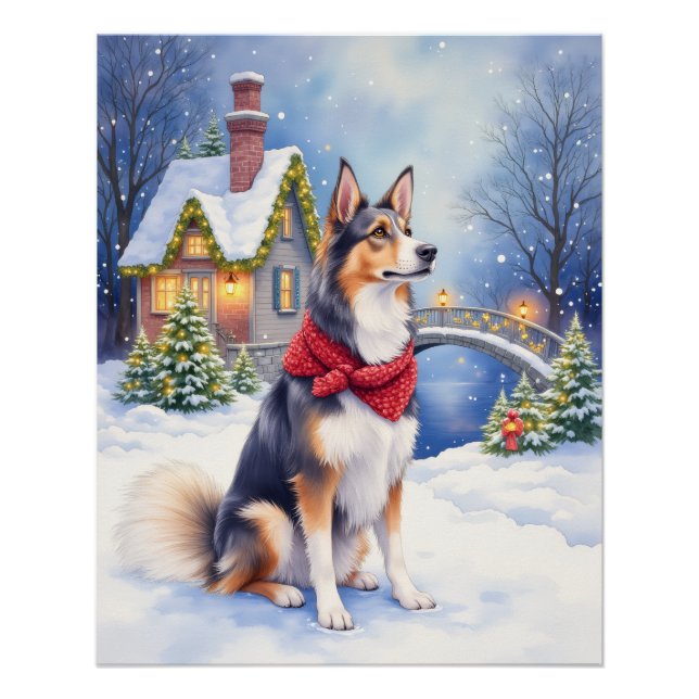 Póster Watercolor Belgian Sheepdog Winter Christmas (Frente)