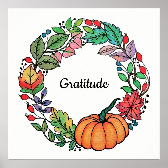 Poster Watercolor Belo Pumpkin Wreath com folhas (Frente)