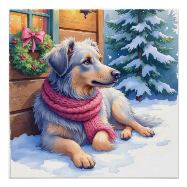 Póster Watercolor Bergamasco Shepherd Cabin Christmas (Frente)
