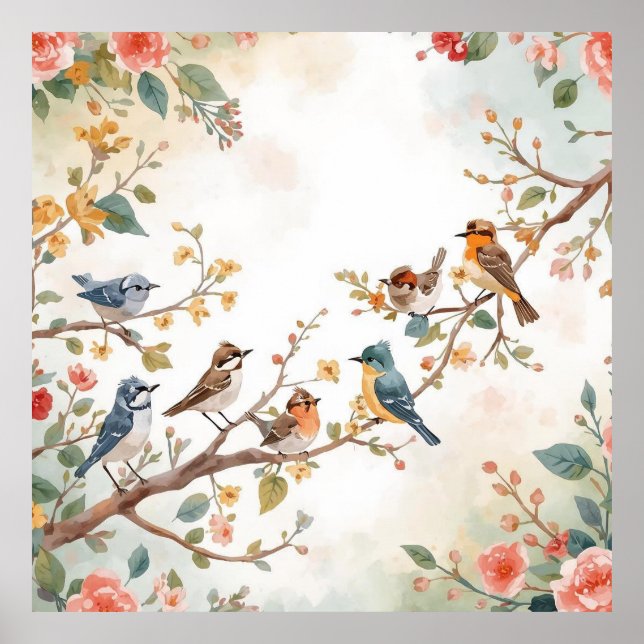 Poster Watercolor Birds in Bloom (Frente)