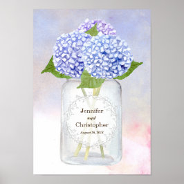 Póster Watercolor Blue Hydrangeas e Casamento Mason Jar